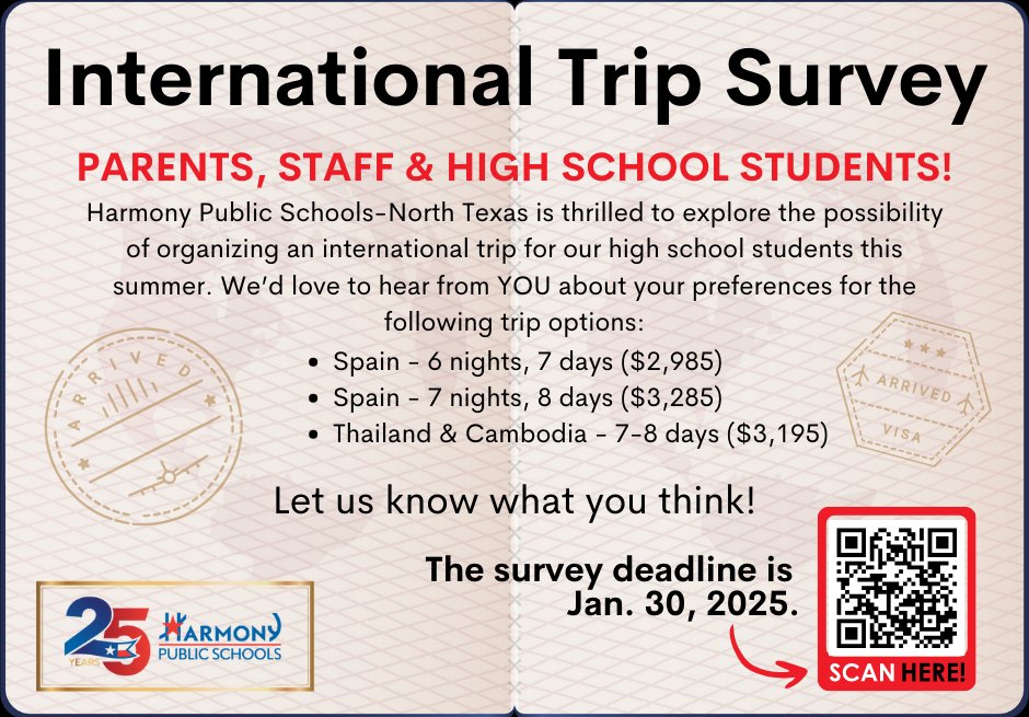 The district is exploring the possibility of organizing an international trip for our high school students this summer. We’d love to hear from parents, staff &amp; students about your trip preferences. Please share your feedback with us by Jan. 30.
forms.gle/zWeeZhmdkByFus…