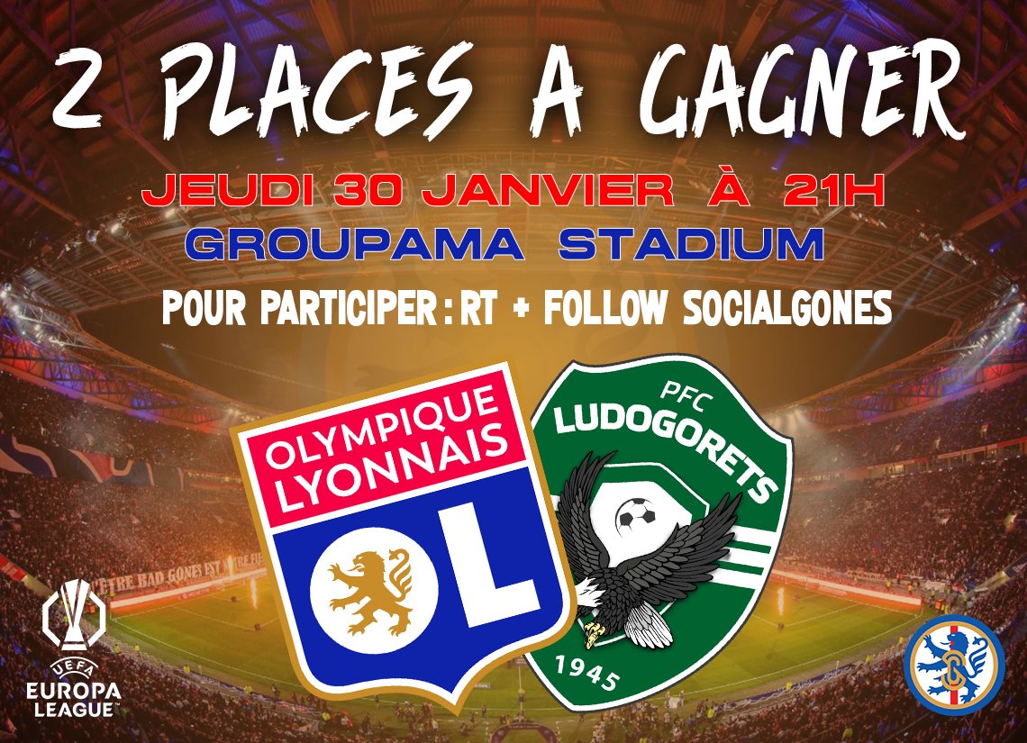[#ConcoursOL] 🎁 Deux places à gagner pour finir ce 1er tour d'#EuropaLeague en beauté (et broyer du vert au passage)  😋⤵️

✔️ RT + Follow <a href="/SocialGones/">Social Gones</a>
🎲 Tirage au sort mardi 28 janvier après 20h00.
🍀 Bonne chance les Gones !

#TeamOL