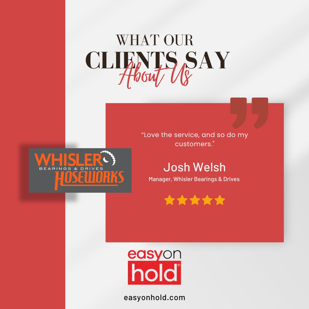 “Love the service, and so do my customers."
Josh Welsh, Manager, Whisler Bearings &amp; Drives

Thanks, Josh! We're glad we can help.

#onholdmusic #review #messagingonhold #legalholdmusic