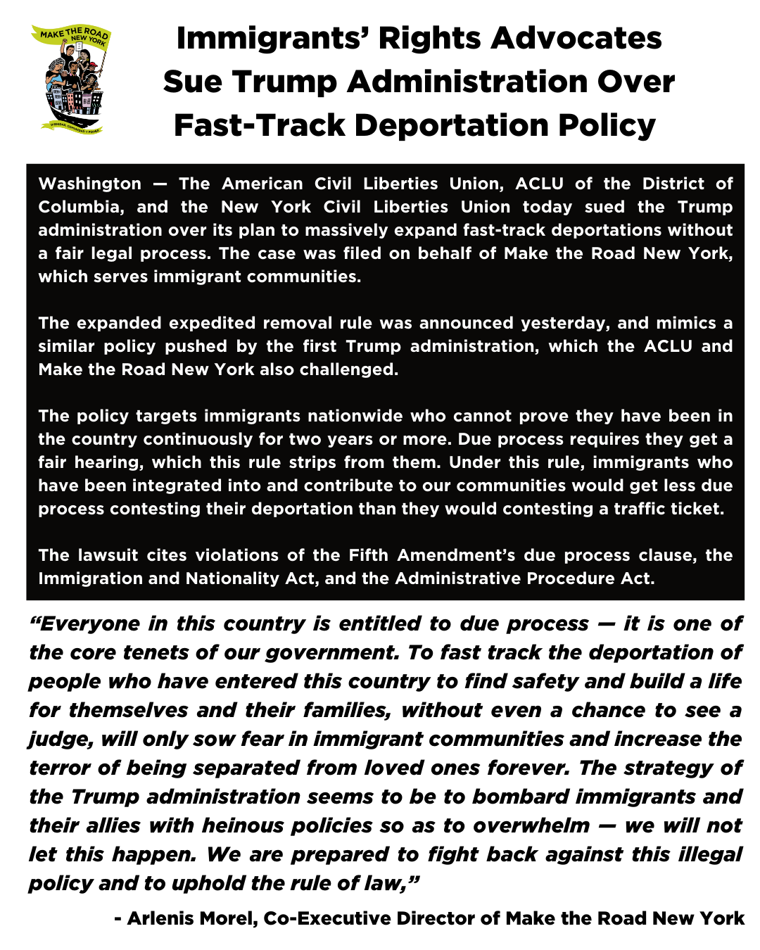 Make the Road NY 🦋 on X: &ldquo;The @ACLU, and the @NYCLU today sued 
