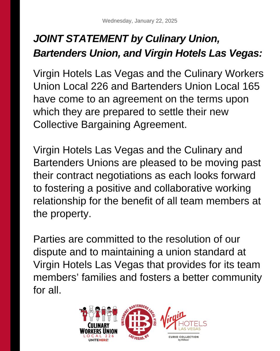 BREAKING: Culinary Union is pleased to announce that an agreement has been reached with <a href="/VirginHotelsLV/">Virgin Hotels Las Vegas</a>!

A new 5-year union contract was ratified moments ago by a vote of 100% and the *strike has now ended* on day 69.

JOINT STATEMENT:
culinaryunion226.org/news/press/joi…