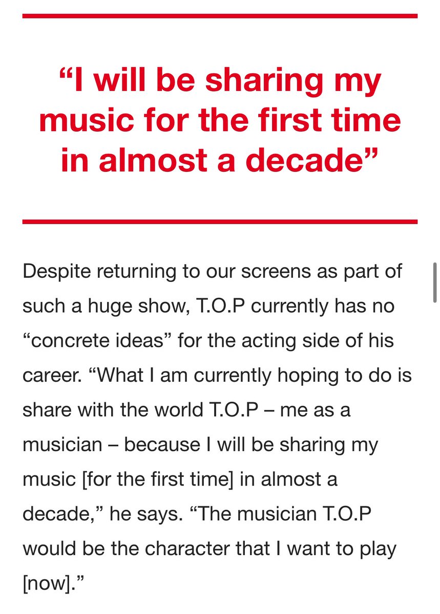 choidot's tweet photo. [#TOP NEWS] 250123   #TTTOP INTERVIEW UPDATE (CR: NME Interview "The return of T.O.P") 

"I will be sharing my music for the first time in almost a decade"

 #SquidGame2   #탑 #최승현 #choiseunghyun

🔗 https://t.co/V3qw4AAbjQ