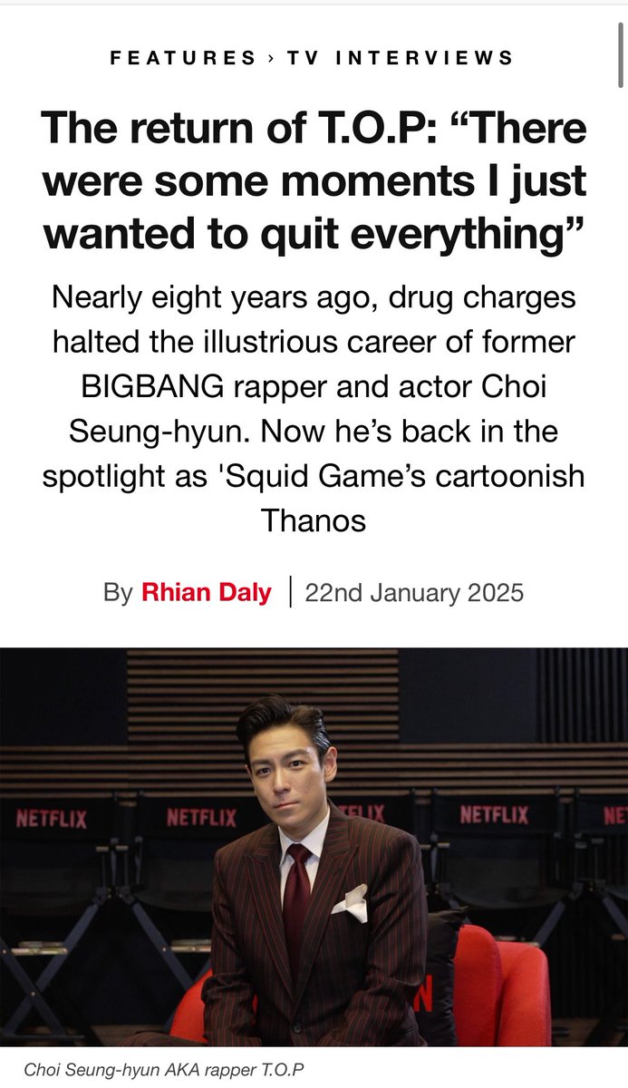 choidot's tweet photo. [#TOP NEWS] 250123   #TTTOP INTERVIEW UPDATE (CR: NME Interview "The return of T.O.P") 

"I will be sharing my music for the first time in almost a decade"

 #SquidGame2   #탑 #최승현 #choiseunghyun

🔗 https://t.co/V3qw4AAbjQ