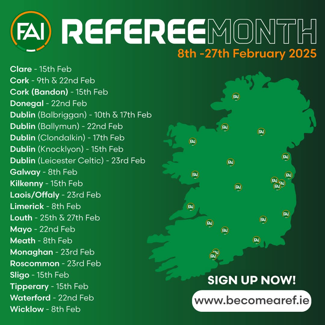 A chance to be involved in the game ⚽️💚

The month of February will see the FAI host 23 referee beginners courses throughout Ireland 🇮🇪

Sign-up and join the 904 people who trained to be referees last year ✍️ 

🔗 fai.ie/.../referee-be…