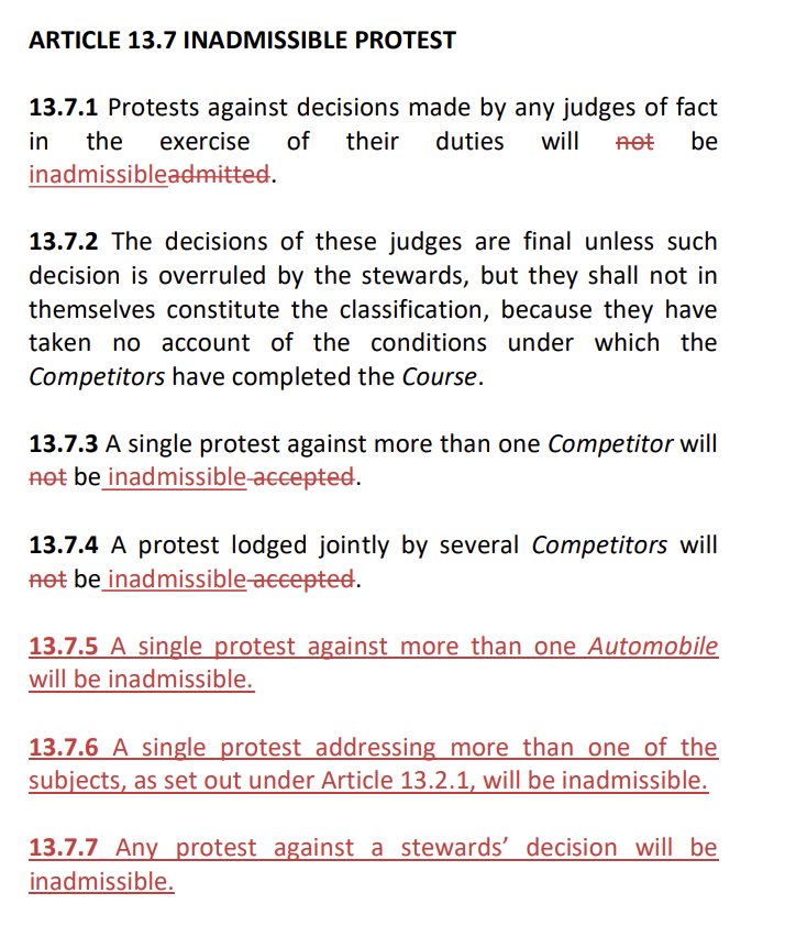 McLarenF1_News's tweet image. ℹ️ Article 13.7 - Inadmissible Protest -

Parts in red are modifications and additions.

13.7.7: &quot;Any protest against a steward&apos;s decision will be inadmissible.&quot; 👀