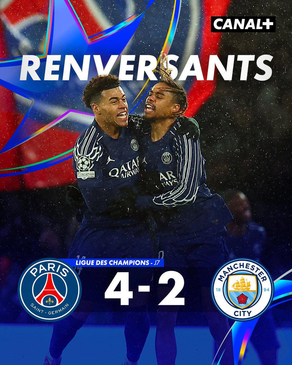 CanalplusFoot's tweet photo. LE PSG S'IMPOSE FACE À MANCHESTER CITY ! 💥

Après avoir été menés 2-0, les Parisiens ont renversé la rencontre grâce à des buts de Dembélé, Barcola, Neves et Ramos 👏

#PSGMCI | #UCL https://t.co/8fC22acif3