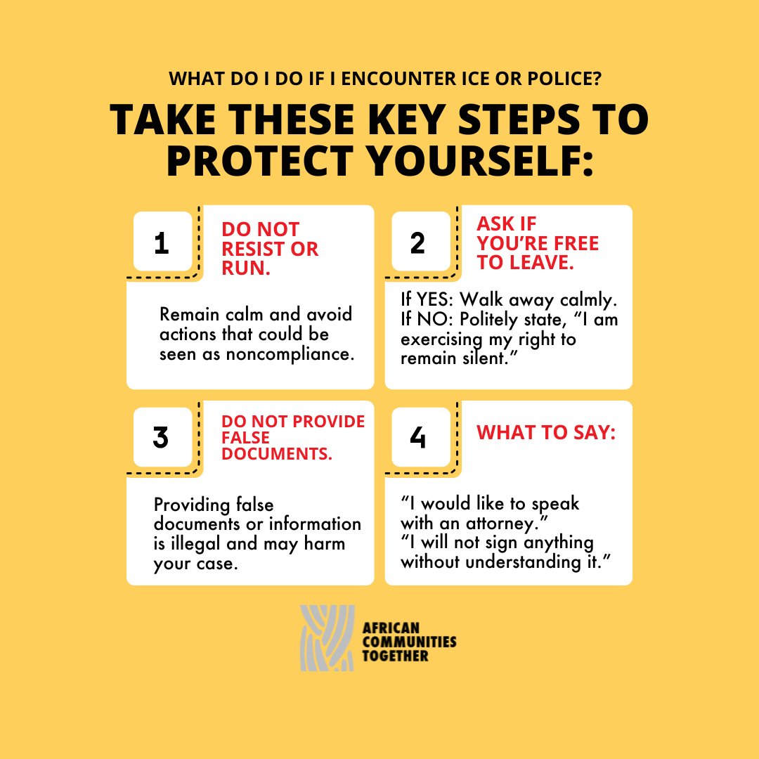 AfricansUS's tweet photo. Knowing your rights isn’t just important—it can be life-saving. In moments of uncertainty with ICE or police, these tips can protect you and your loved ones from unnecessary harm or legal trouble. https://t.co/fqtDPb6rIR