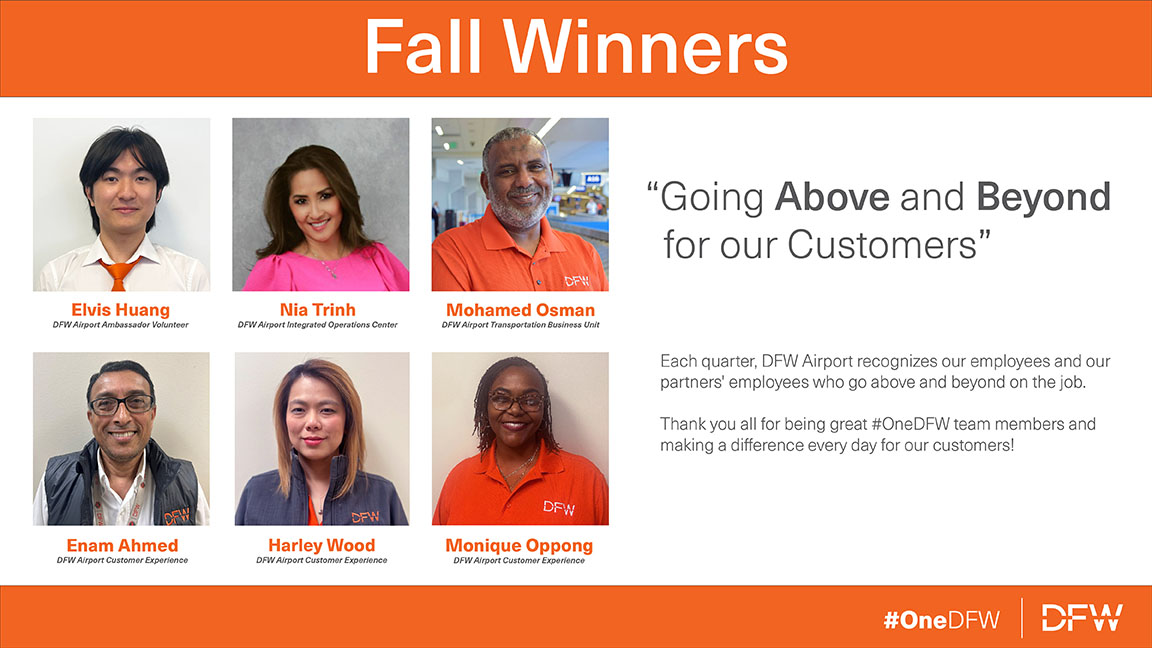 DFWAirport's tweet photo. DFW Airport prides itself on exceptional customer service, and we all have a role to play as #OneDFW! These employees were nominated by peers for going above & beyond for customers in Fall 2024.
Thank you to all of the honorees for setting a standard of excellence across DFW! π§‘ https://t.co/Ce8LL4NiZc