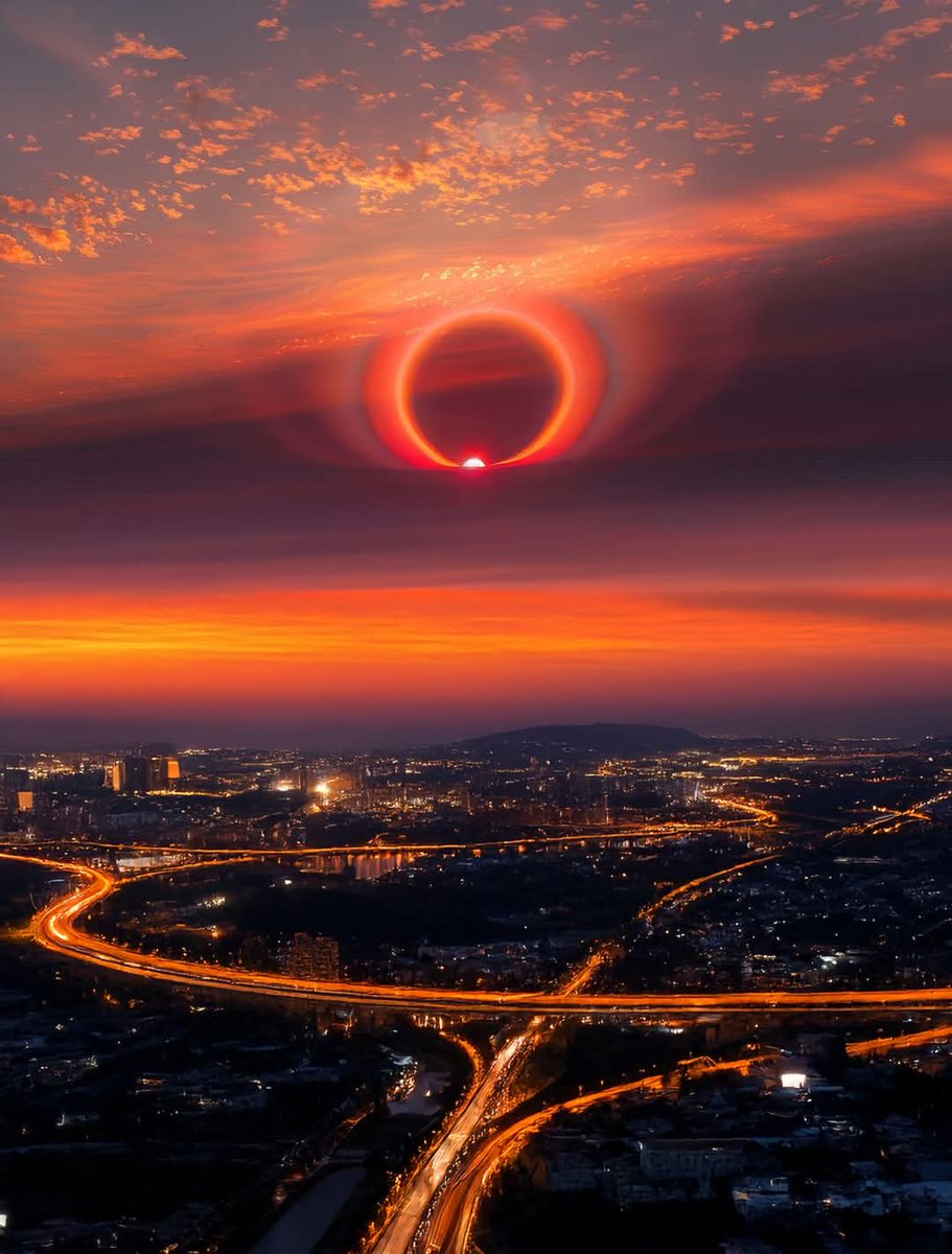 Chris8542's tweet photo. Extremely rare 'Solar Halo' captured during sunrise 🌅 https://t.co/16OU7Be8H4