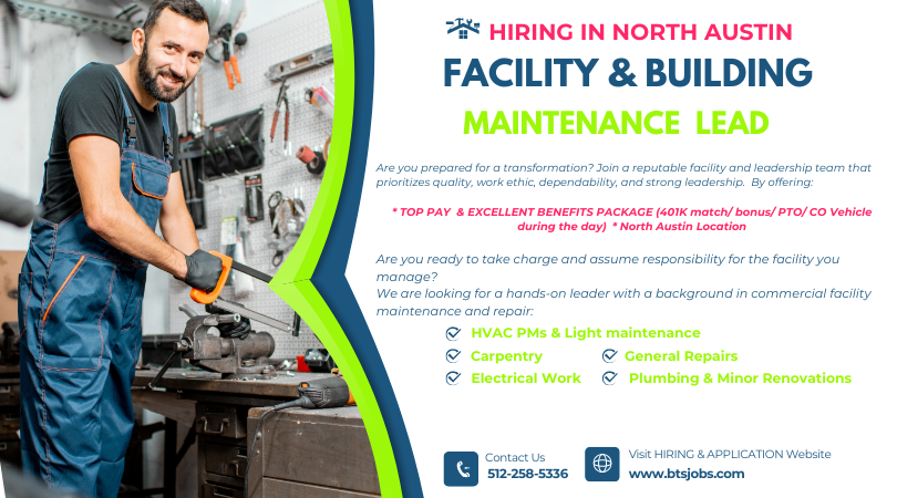 BTSJobsAustin's tweet photo. ##HIRING #facilityMAINTENANCEtech #maintenanceTECH for Commercial Buildings  - we are #hiring 2 lead Maintenance Techs  ASAP in Austin - 
  full benefits 401K match and more - this is  FT PERM, long term Building Team Solutions, Inc on Google: https://t.co/lbTI9s6CYx https://t.co/WCs3f1D37Q