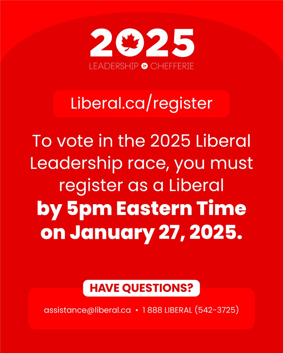 On March 9, you get the chance to make your voice heard by helping us elect our next Liberal leader.

Register as a Liberal by January 27th to have your say in the 2025 leadership race: liberal.ca/register