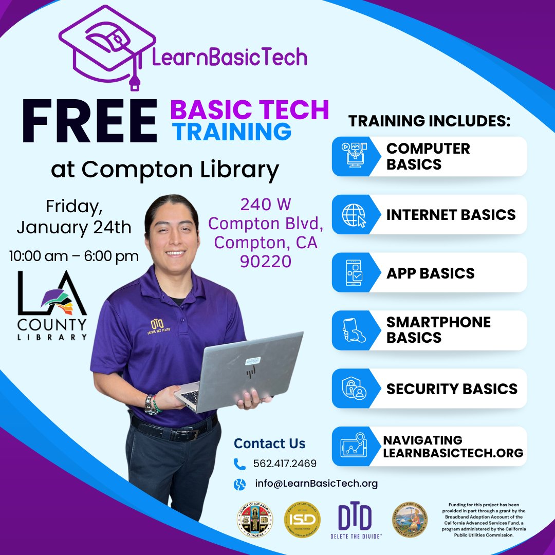 learnbasictech's tweet image. 📢 FREE Basic Tech Training at Compton Library! 💻✨
🗓 Jan 24, 2025 ⏰ 10 AM–6 PM
📍 240 W Compton Blvd, Compton, CA 90220
👉 Disclaimer: Training doesn’t guarantee a free laptop. Eligibility based on need.
📧 info@LearnBasicTech.org
#LearnBasicTech #TechTraining