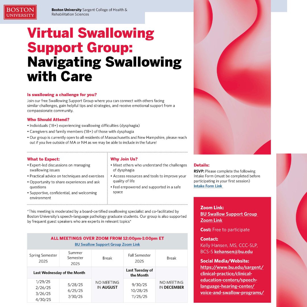 🌟 New Virtual Swallowing Support Group! 🌟 Join Boston University for expert-led discussions, tips, &amp; support for adults (18+) with dysphagia &amp; caregivers. 🗓️ Monthly on Zoom, 12-1 PM ET. Free to participate! 

bostonu.qualtrics.com/jfe/form/SV_2s…

#Dysphagia #SupportGroup