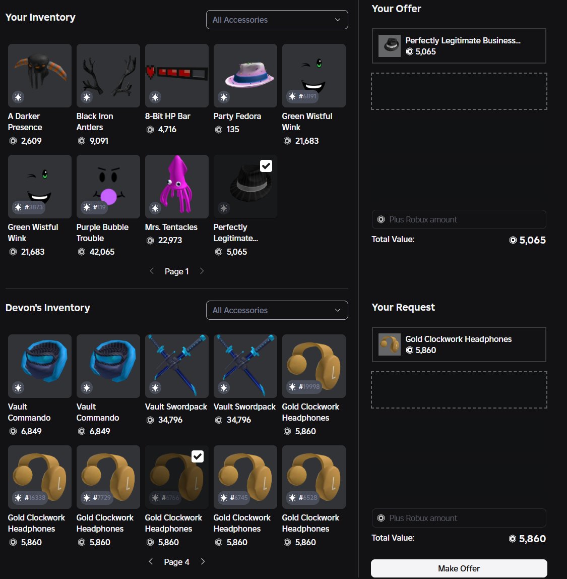 Roblox has just added support for trading limited 2.0 items produced by the Roblox account.

This includes Gold Clockwork Headphones and a few others.