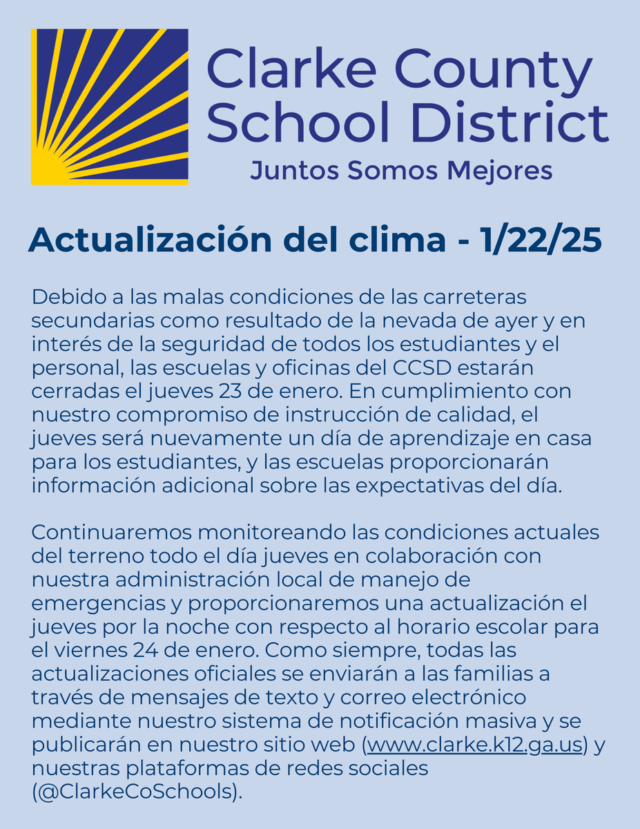 ClarkeCoSchools's tweet image. CCSD schools and district offices closed Thursday, January 23. At-home learning day for students.