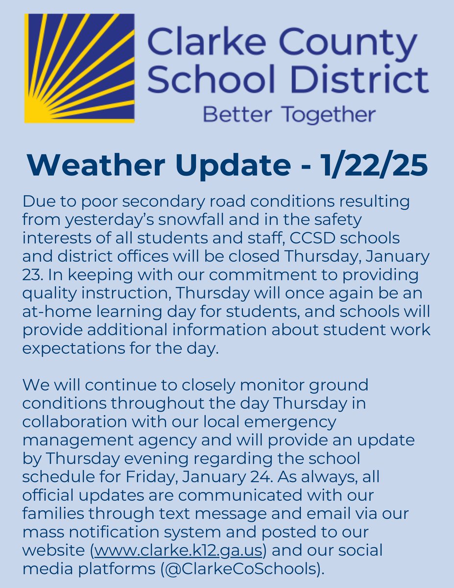 ClarkeCoSchools's tweet image. CCSD schools and district offices closed Thursday, January 23. At-home learning day for students.