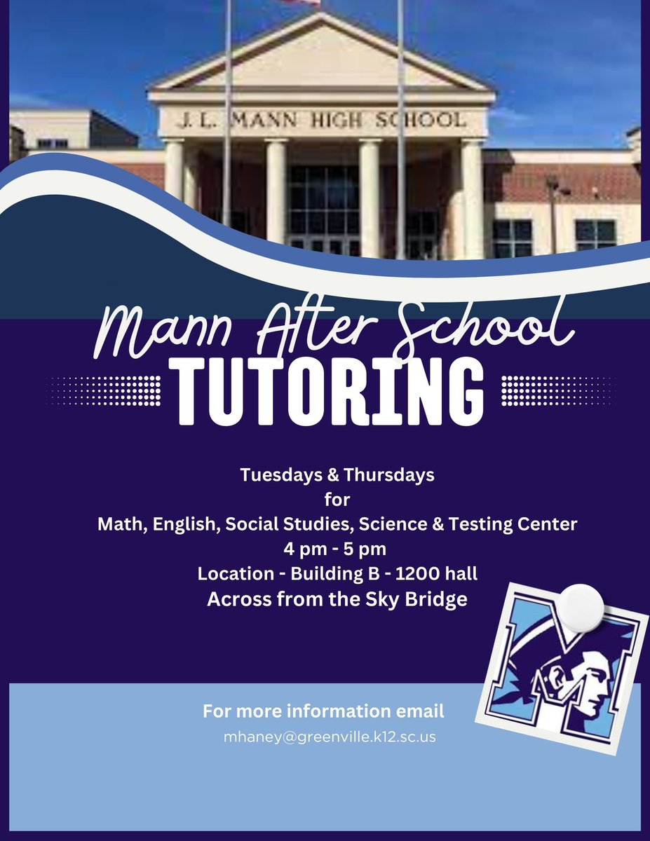 The JL Mann tutoring and testing center is back for the 2nd semester! View this flyer and visit the Tutoring Center tab on the JL Mann webpage to sign up! #OneMANN
