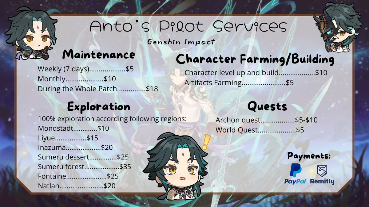 antopilots's tweet photo. Anto's Genshin Impact Pilot Service °•

♡ In here you will find giveaways, services, etc.

▪︎ If you have any questions or doubts regarding the services feel free to DM or check out the files ! 💞

°• In theads you will find service proofs, questions and more •° https://t.co/IZq5ycJoQH