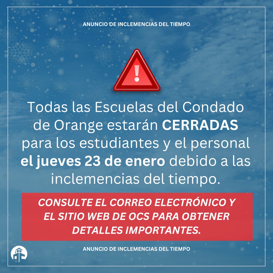 All Orange County Schools will be closed for students and staff on Thursday, January 23.

Monday (1/27) and Tuesday (1/28) will now be regular student days. Visit bit.ly/4gcfmf1 for more information and announcements.