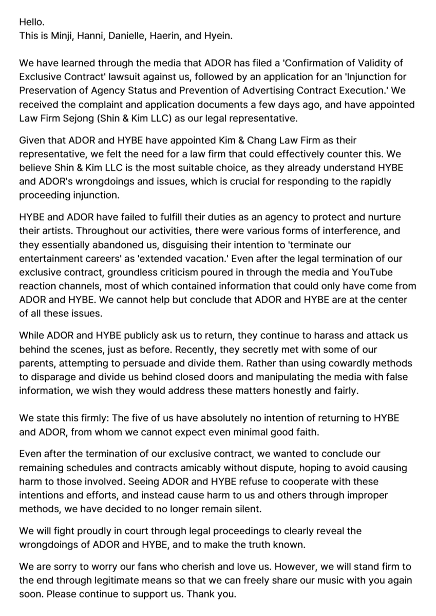 (250123)
Statement from Minji, Hanni, Danielle, Haerin, Hyein via @/jeanzforfree Instagram story