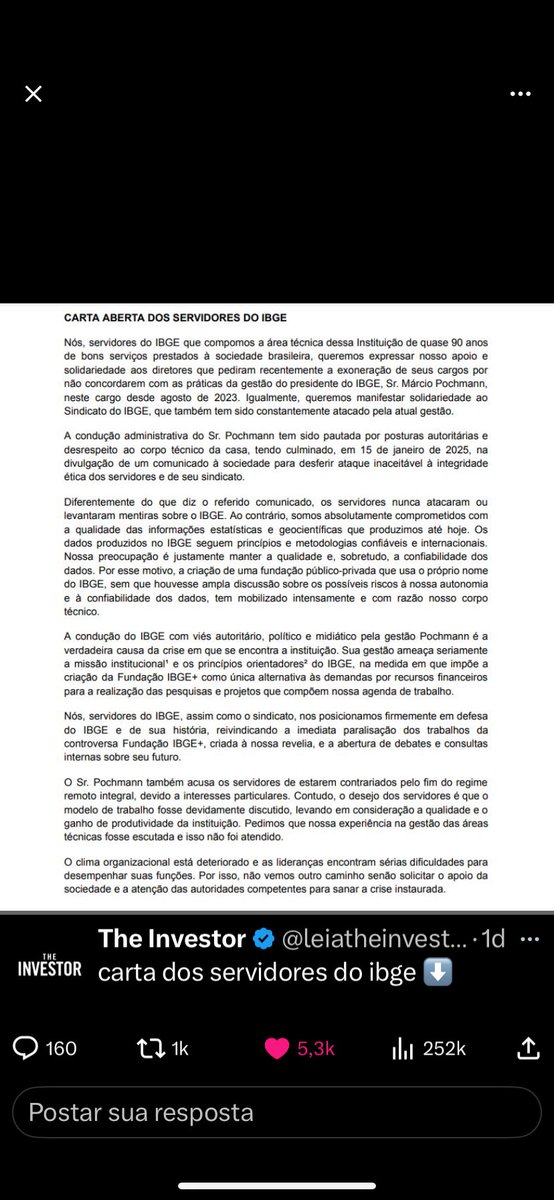 cleoclf's tweet photo. É gravíssimo a denúncia através carta aberta servidores *IBGE* sobre suposta atuação  ideológica presidente Porchmann. Isso merece apuração rigorosa para confiabilidade de dados tão relevantes na correção dos contratos. https://t.co/Zndt3Mpcs2