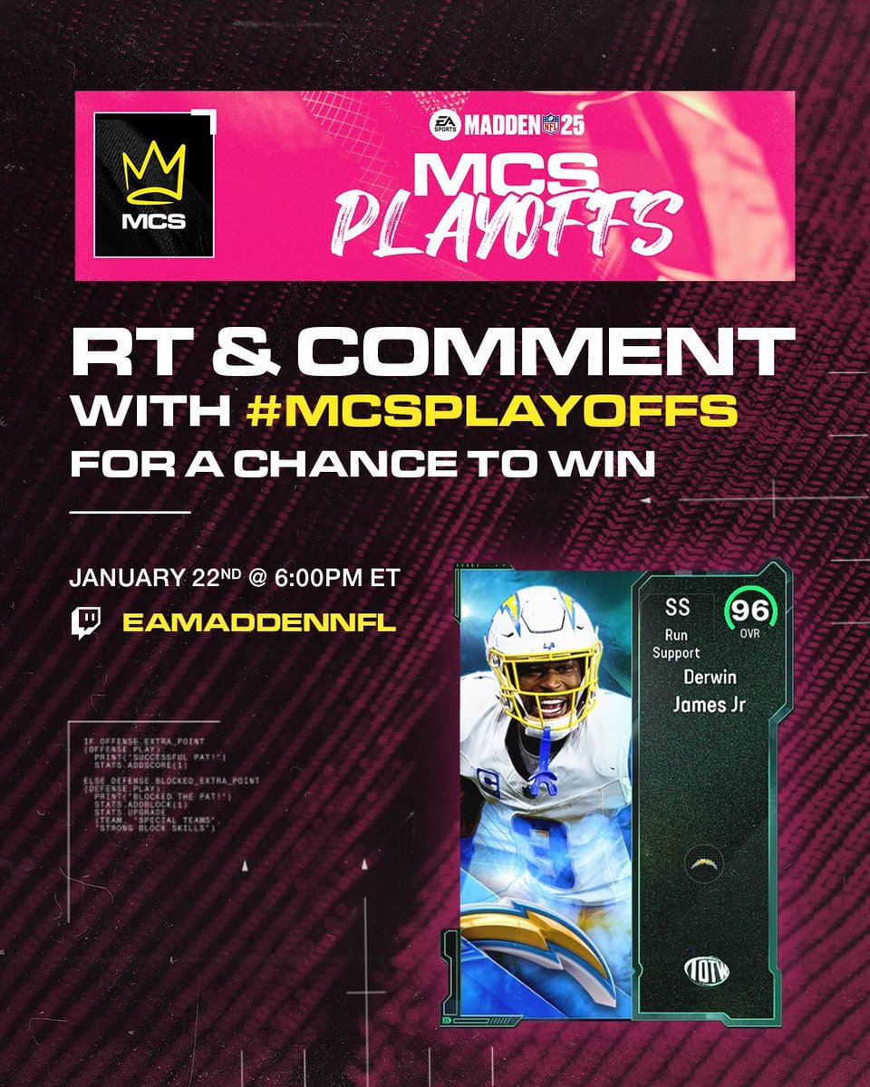 MUTdotGG's tweet image. The @EAMaddenNFL_MCS Playoffs are LIVE!

RETWEET and COMMENT with #MCSPlayoffs for a chance to win 96 OVR Derwin James!

📺 twitch.tv/eamaddennfl