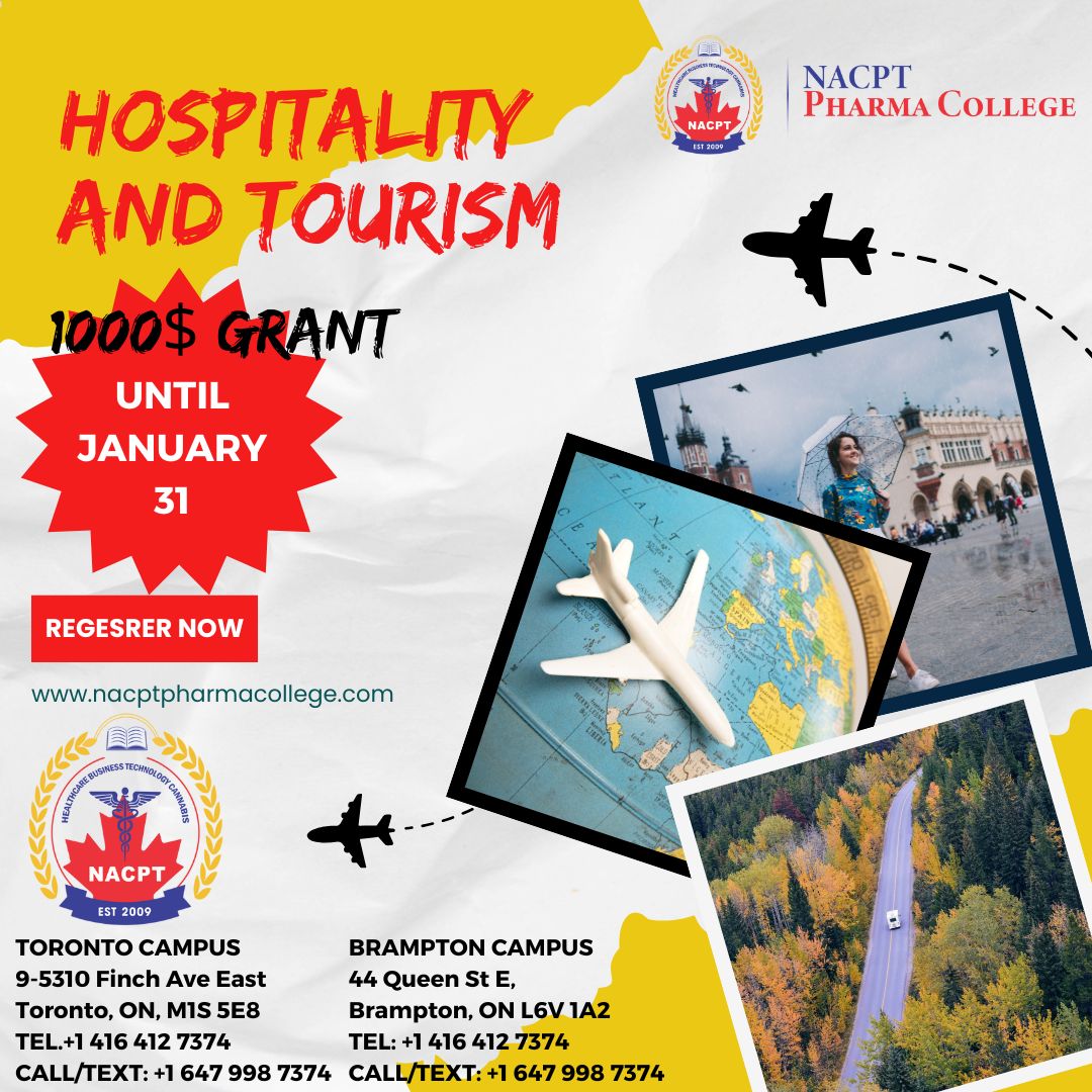 Study in Canada
◼International &amp; Domestic Students
◼Scholarship Available Check the Best Program Options with Us.

POSTGRADUATE DIPLOMA
Hospitality &amp; Tourism Program
WITH PLACEMENT

◼64 Weeks Program

Visit our website 🖥 nacptpharmacollege.com
 ☎️ (647) 998-7374