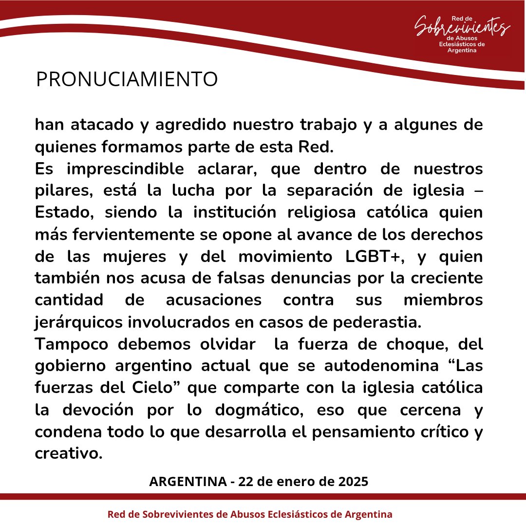 sobrevive_arg's tweet photo. PRONUCIAMIENTO de la Red de Sobrevivientes de Abusos Eclesiásticos de Argentina ante la avanzada totalitaria

Para SOBREVIVIR necesitamos MEMORIA, VERDAD y JUSTICIA

@ZotteleMariana
@CampEstadoLaico
@CampAbortoLegal
@resistevioleta

#reddesobrevivientes 
#somosenred https://t.co/MOYBjLq1K0