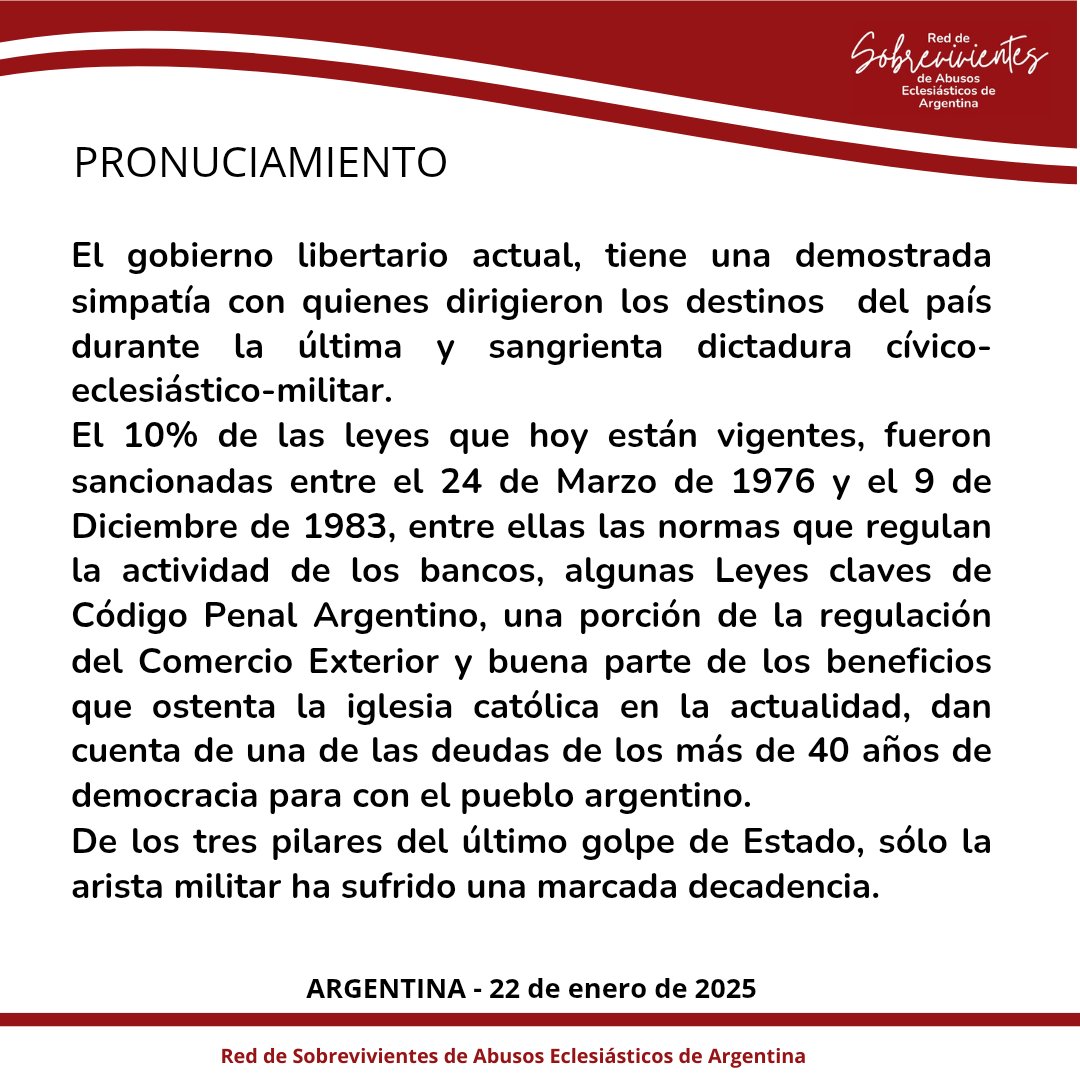 Sobrevivientes de Abusos Eclesiásticos - Argentina (@sobrevive_arg) on Twitter photo PRONUCIAMIENTO de la Red de Sobrevivientes de Abusos Eclesiásticos de Argentina ante la avanzada totalitaria
Para SOBREVIVIR necesitamos MEMORIA, VERDAD y JUSTICIA
<a href="/ZotteleMariana/">Mariana Zottele</a>
<a href="/CampEstadoLaico/">Campaña Fed. Por La Separación Estado/Iglesia</a>
<a href="/CampAbortoLegal/">#EsLey #SeguimosEnCampaña💚</a>
<a href="/resistevioleta/">resistevioleta</a>
#reddesobrevivientes
#somosenred PRONUCIAMIENTO de la Red de Sobrevivientes de Abusos Eclesiásticos de Argentina ante la avanzada totalitaria
Para SOBREVIVIR necesitamos MEMORIA, VERDAD y JUSTICIA
<a href="/ZotteleMariana/">Mariana Zottele</a>
<a href="/CampEstadoLaico/">Campaña Fed. Por La Separación Estado/Iglesia</a>
<a href="/CampAbortoLegal/">#EsLey #SeguimosEnCampaña💚</a>
<a href="/resistevioleta/">resistevioleta</a>
#reddesobrevivientes
#somosenred