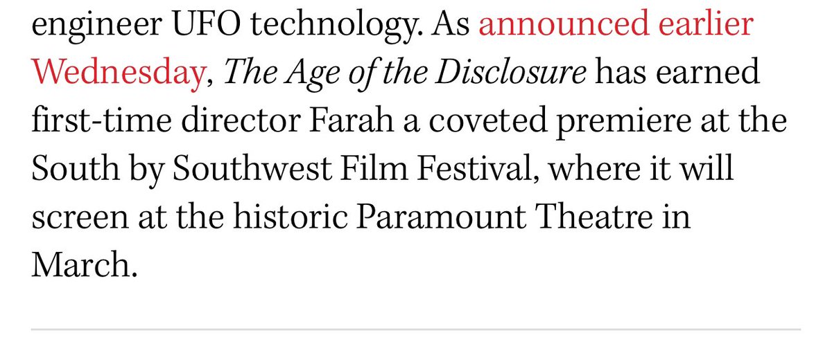 Daniel Miller - SiCcOp (@siccop1) on Twitter photo The fact that it is premiering at SXSW is probably the most notable part about this. It will get more eyes, attention, coverage, and critiques than any other UFO doc ever has. The fact that it is premiering at SXSW is probably the most notable part about this. It will get more eyes, attention, coverage, and critiques than any other UFO doc ever has.