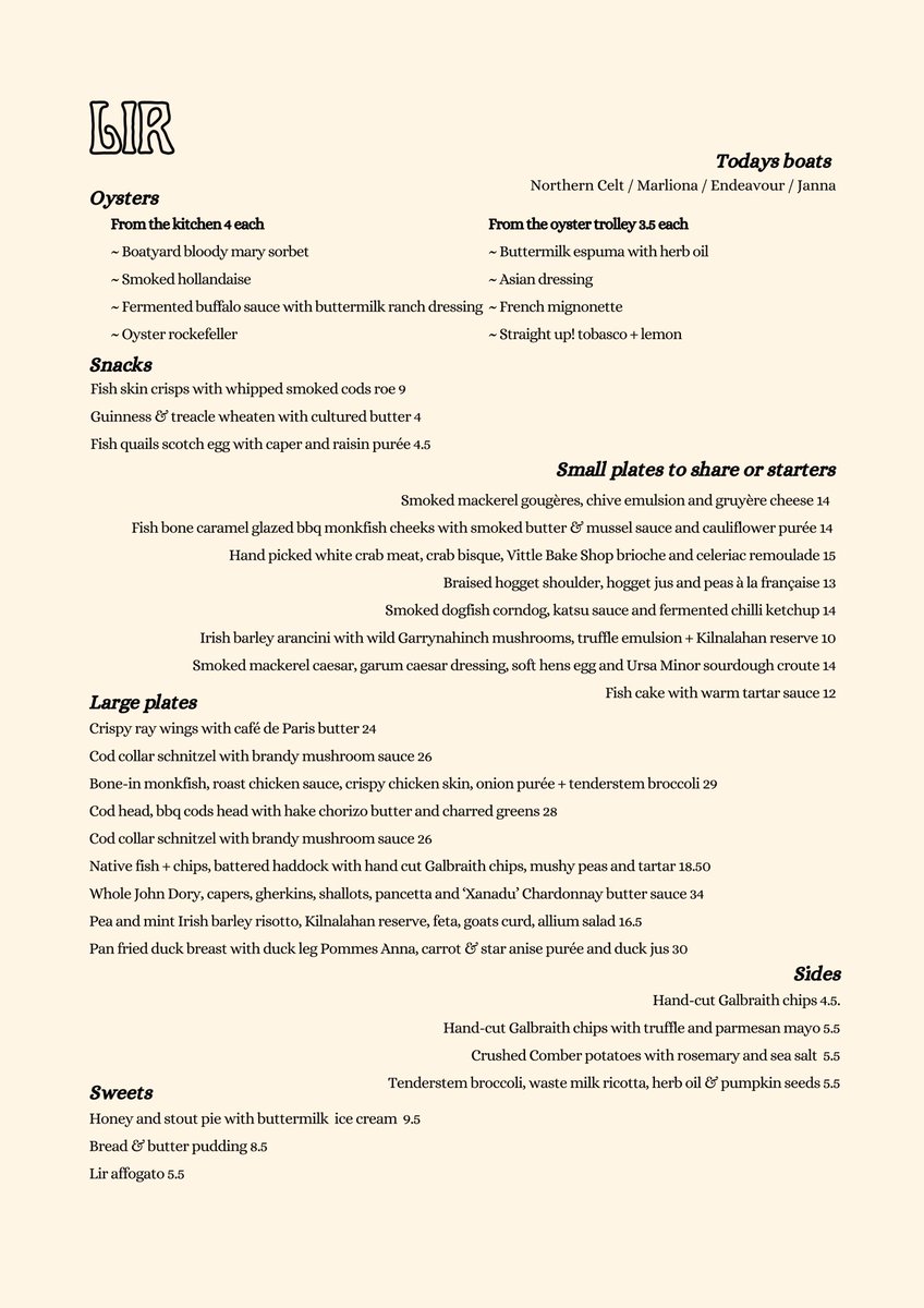 lirseafood's tweet photo. ✨ SAMPLE MENUS ✨ 

Lir dinner menu : Wednesday to Saturday 5-9pm 

The Pool @ Lir breakfast + lunch menu : Monday to Sunday 9am - 3pm (also available outside on the terrace) 

Our menus change dependent on what the boats bring in - big emphasise on ‘sample’ x https://t.co/WnZMRgbjqW
