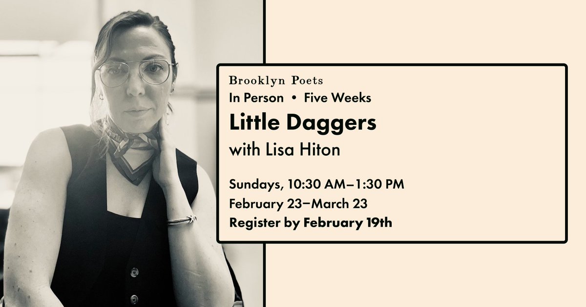 Brooklyn Poets (@brooklynpoets) on Twitter photo In this five-week, generative in-person workshop with <a href="/lhiton/">Lisa Hiton</a>, we'll explore the poetics of disguise. Students will read and write poems that take on persona, mastery, seduction, revenge, the grotesque, ekphrasis and ars poetica. Learn more: brooklynpoets.org/workshop/p/lit⦠In this five-week, generative in-person workshop with <a href="/lhiton/">Lisa Hiton</a>, we'll explore the poetics of disguise. Students will read and write poems that take on persona, mastery, seduction, revenge, the grotesque, ekphrasis and ars poetica. Learn more: brooklynpoets.org/workshop/p/litā¦
