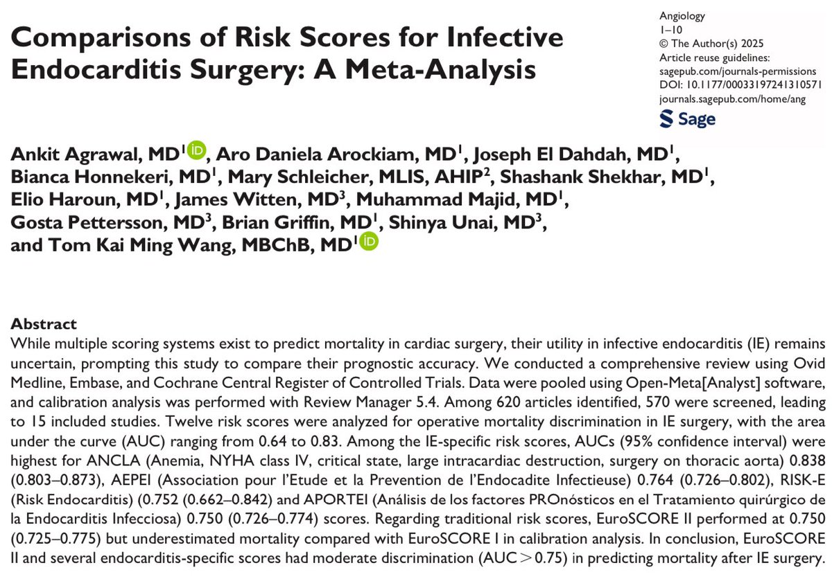 Ankit Agrawal (@ankitagrawalmd) on Twitter photo Thrilled to share our meta-analysis on comparison of all the risk scores, both traditional and IE-specific, for IE surgery predicting mortality! <a href="/SageJournals/">Sage Journals</a>
<a href="/DocMajid/">Muhammad Majid</a> <a href="/JeldahdahMD/">Joseph El Dahdah</a> <a href="/brownshekharMD/">Shashank Shekhar</a> <a href="/ElioHarounMD/">Elio Haroun</a>. Grateful for <a href="/TomKMWang/">Tom Wang MBChB MD</a> for all the mentorship! Thrilled to share our meta-analysis on comparison of all the risk scores, both traditional and IE-specific, for IE surgery predicting mortality! <a href="/SageJournals/">Sage Journals</a>
<a href="/DocMajid/">Muhammad Majid</a> <a href="/JeldahdahMD/">Joseph El Dahdah</a> <a href="/brownshekharMD/">Shashank Shekhar</a> <a href="/ElioHarounMD/">Elio Haroun</a>. Grateful for <a href="/TomKMWang/">Tom Wang MBChB MD</a> for all the mentorship!