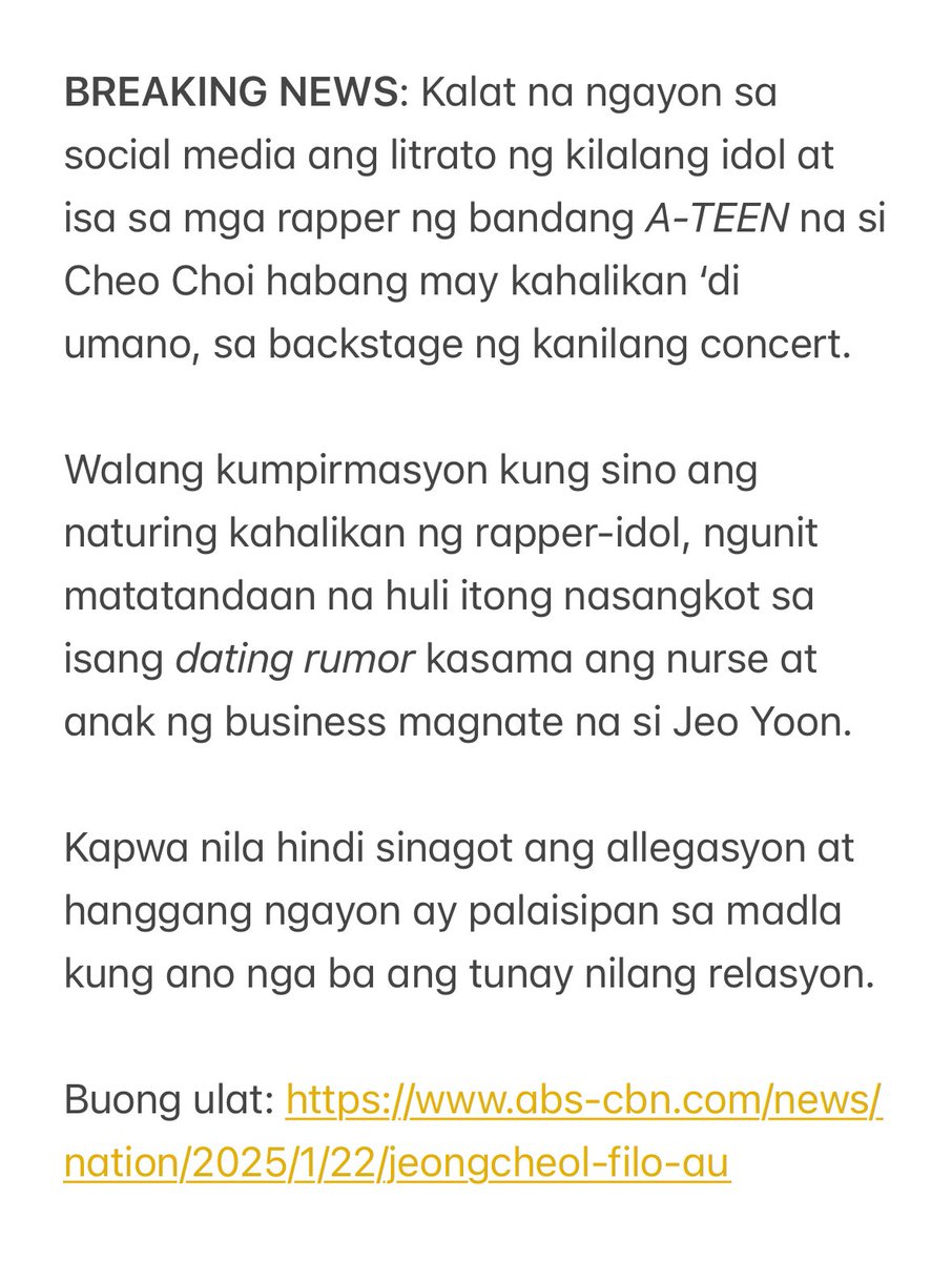 wavetocheol's tweet photo. “CHEO CHOI, HINDI NA NGA BA SINGLE?”

BREAKING NEWS: Kalat na ngayon sa social media ang litrato ng kilalang idol at isa sa mga rapper ng bandang A-TEEN na si Cheo Choi, habang may kahalikan ‘di umano, sa backstage ng kanilang concert. 

a #jeongcheol filo #au https://t.co/a5bF3Cs6ym