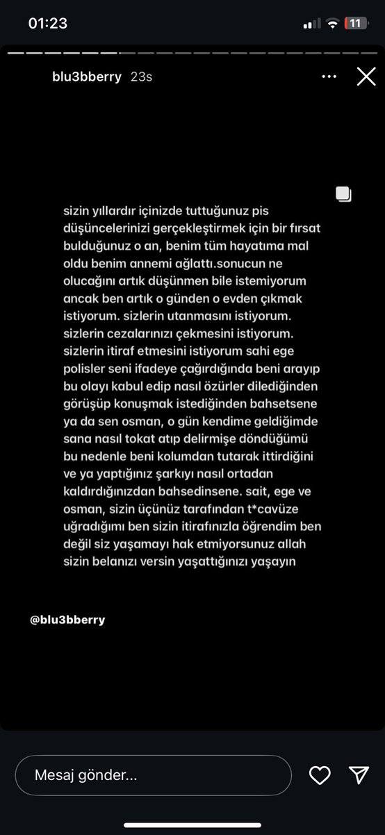 Sait, ege ve osman isimli üç mahluk 19 yaşında bir kızı maddeyle uyuşturup bilinç dışındayken tecavüz ediyor ve sadece uzaklaştırma kararı alıyorlar. Kız 3 gün önce intihar teşebbüsünde bulunuyor. Kızın dün yazdıklarının tamamını profiline giderek okuyun. Okutun.