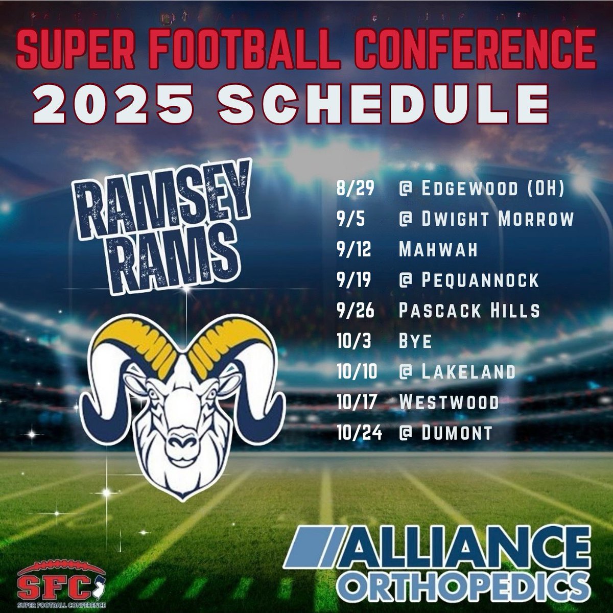 RamseyRamsFB's tweet image. Ramsey Football 2025 Schedule Reveal:

@SFCFootballNJ @alliance_ortho @VarsityAces #NJFootball @BigNorthConBNC @HSSportsNJ