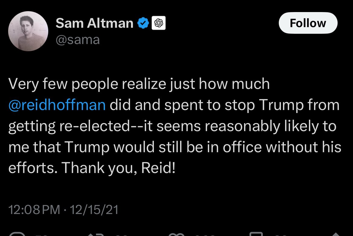 Cernovich's tweet image. Epstein island attendee Reid Hoffman funded the lawfare against Trump, said he wanted Trump to have been killed (this was a few days before the assassination attempt), and Sam Altman is a big fan of Reid!