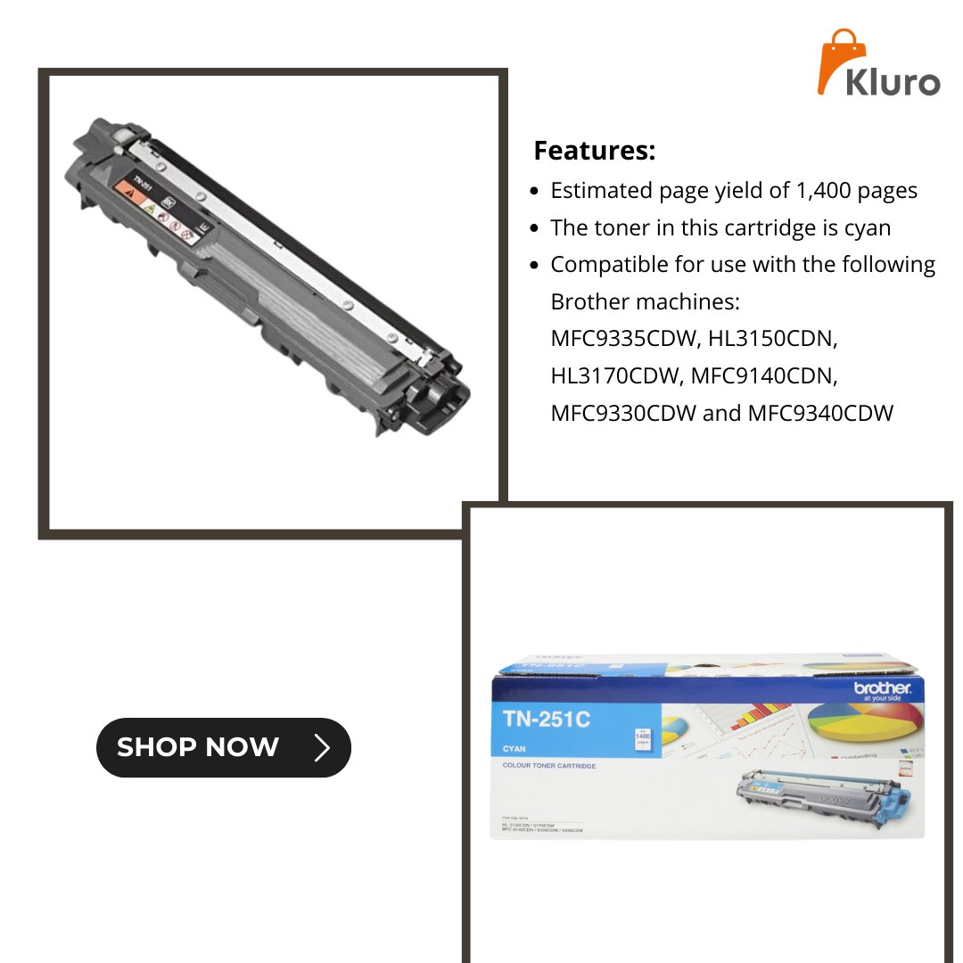 kluro_au's tweet image. Print more, worry less! 🖨️💙
The Brother TN-251 Cyan Toner Cartridge ensures high-quality results with every page! 📄

#BrotherToner #CyanToner #HighYield #QualityPrints #Kluro #KluroAU #Australia #PrinterEssentials #OfficeSupplies #InkCartridge #VividPrints #PrintWithBrother