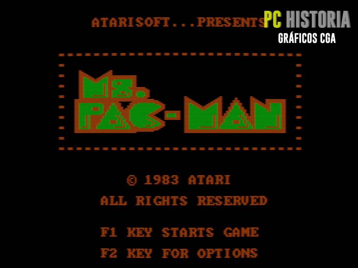 PC__Historia's tweet photo. 🟡🎀#MSPACMAN (#Namco, 1982) fue la secuela de #PACMAN llevada al #IBM #PC en 1983 por #Atarisoft. Manejas a la novia de Pac-Man con nuevos laberintos, frutas saltarinas y los mismos fantasmas, ¡con más personalidad! ¡Lo mejor los interludios románticos y el nacimiento de Jr.!