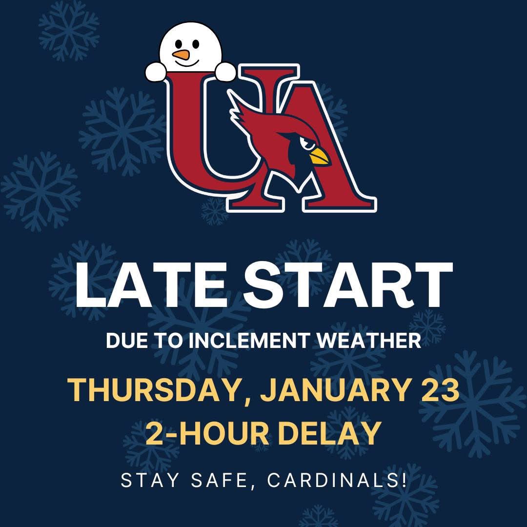 UACharterSchool (@uacharterschool) on Twitter photo UA will operate on a 2 HR delay January 23. <a href="/UAathletics/">Union Academy Athletics</a> <a href="/JZUAHS/">Jim Zorn</a> <a href="/JSuttonSmith/">Jennifer SuttonSmith</a> <a href="/_MasonSledge/">Mason Sledge</a> <a href="/ByrdSetrina/">Setrina Gainey Byrd</a> UA will operate on a 2 HR delay January 23. <a href="/UAathletics/">Union Academy Athletics</a> <a href="/JZUAHS/">Jim Zorn</a> <a href="/JSuttonSmith/">Jennifer SuttonSmith</a> <a href="/_MasonSledge/">Mason Sledge</a> <a href="/ByrdSetrina/">Setrina Gainey Byrd</a>