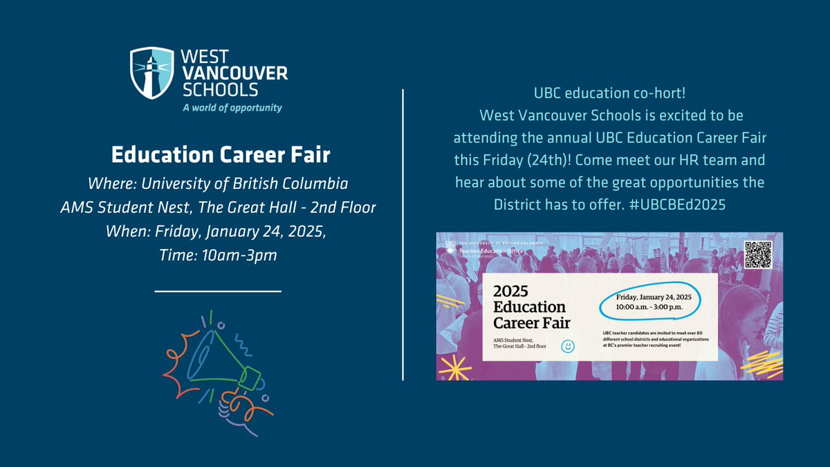 Please stop by UBC's Education Career Fair, from 10am-3pm this Friday! #WestVanEd #ubcbed2025