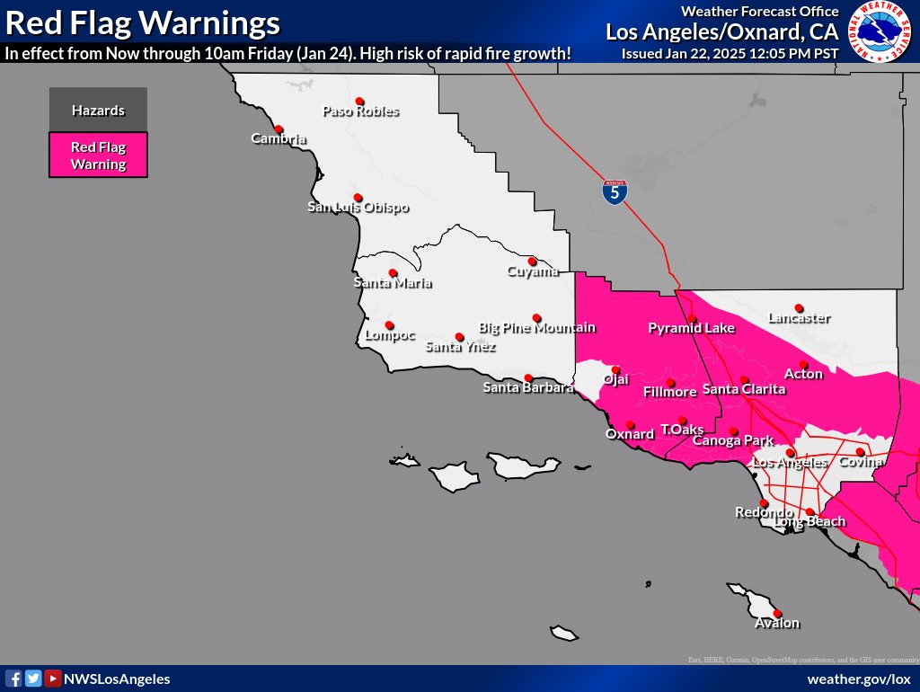 NWSLosAngeles's tweet photo. DANGEROUS FIRE WEATHER environment thru Friday, peaking on Thursday. Any new fires can grow fast and out of control. Stay aware of your surroundings. Heed any evacuation orders. Have a plan, especially if you are in a high fire risk area. Push through, relief coming this weekend! https://t.co/hH14NYlDxU