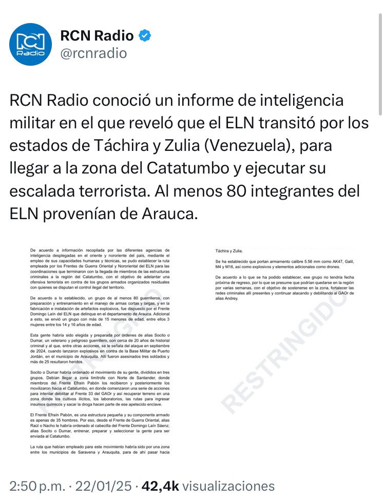 🚨 | El grupo terrorista del Ejército de Liberación Nacional viajó desde Venezuela para cometer la masacre del Catatumbo, según la Inteligencia colombiana.