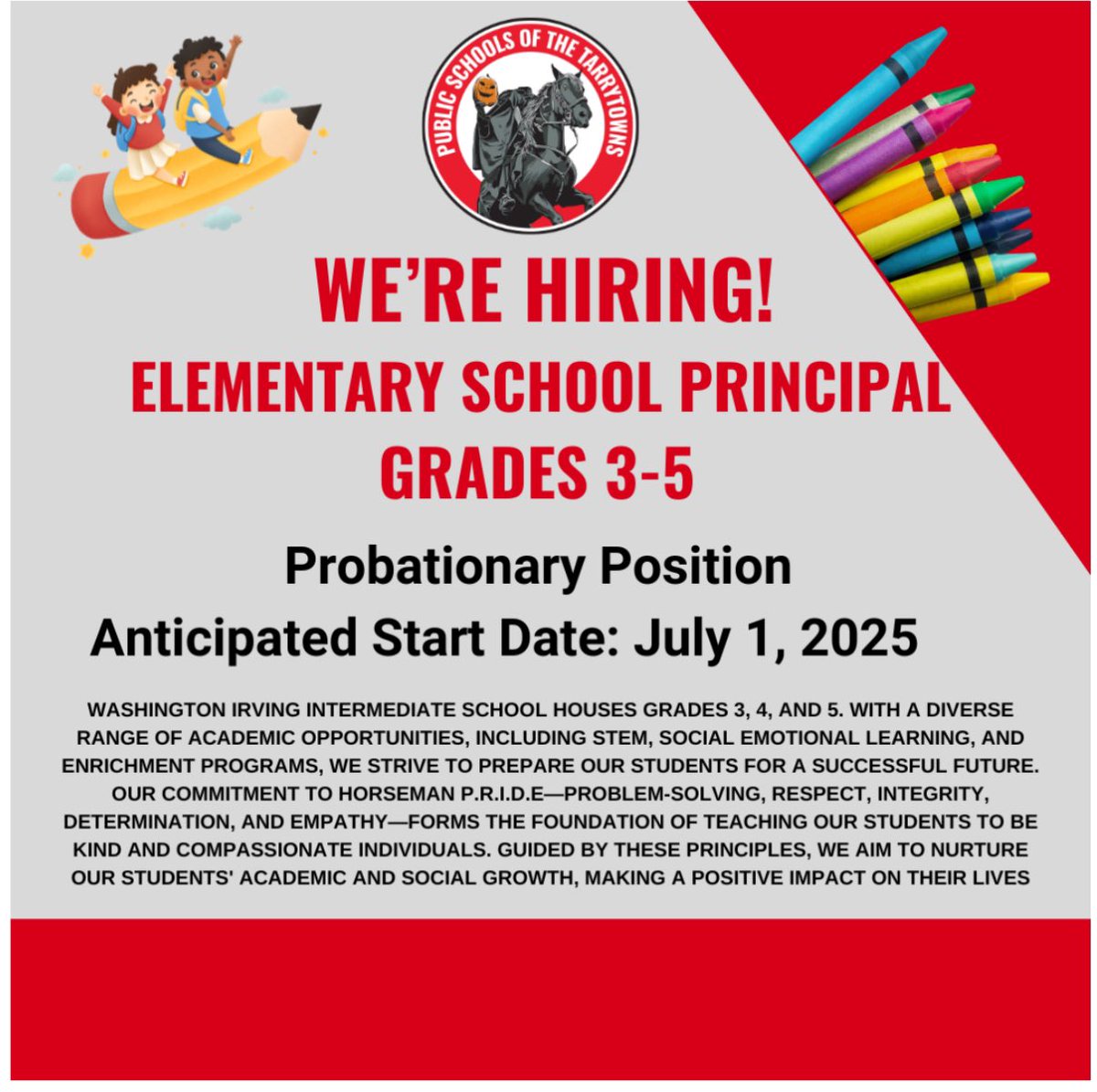 The Public Schools of the Tarrytowns is seeking a dynamic, visionary instructional leader to lead our Washington Irving elementary school. 

Please apply at the Olas link below. 

olasjobs.org/job-details/TA…