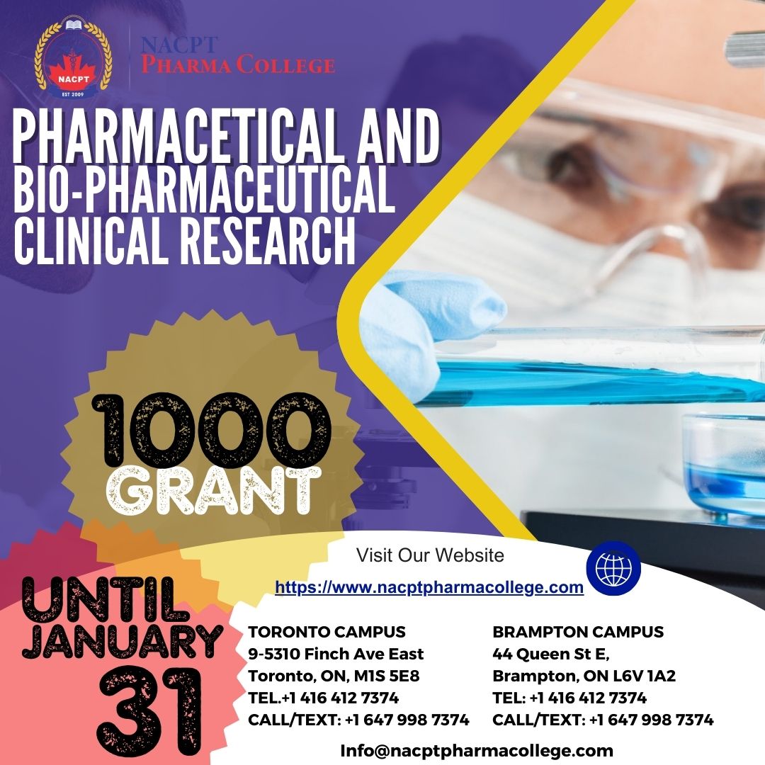 Postgraduate Diploma
Pharmaceutical &amp; Bio-Pharmaceutical Clinical Research
With Job Assistance

◼52-Weeks Program

Visit our website 🖥 nacptpharmacollege.com

To book an appointment with NACPT Pharma College,
Call or WhatsApp us ☎️ (647) 998-7374