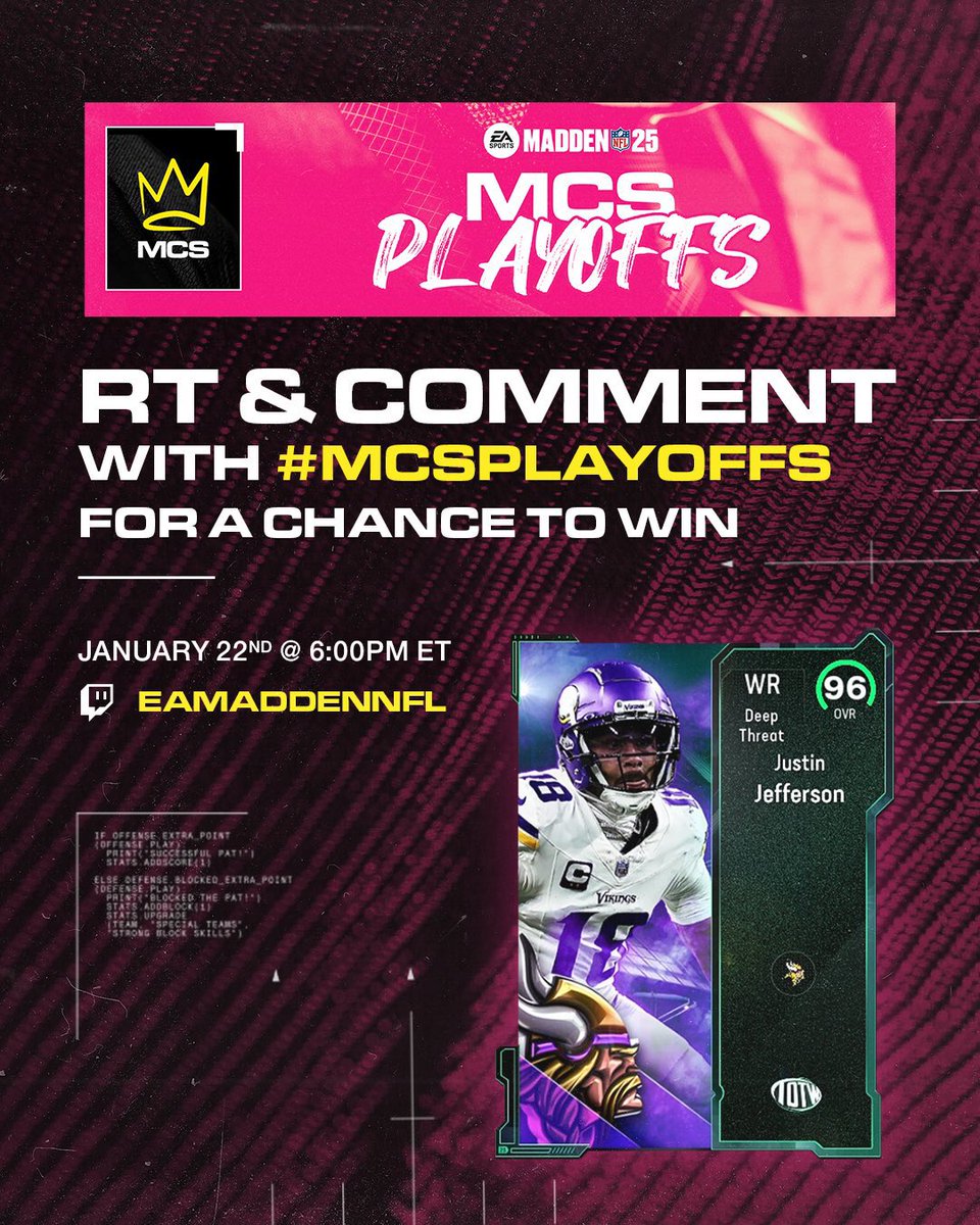 Bobbyy_V's tweet photo. The MCS Playoffs continue tonight!

RT and Comment #MCSPlayoffs for a chance to win 96 Overall Team of the Week Justin Jefferson! Stream starts tonight at 6 PM EST!!!

https://t.co/RUtfxvJ0qD https://t.co/vSOLhEdxnD