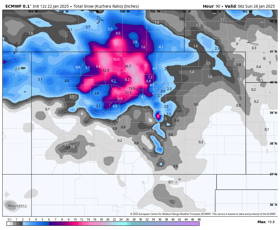 BianchiWeather's tweet photo. Euro fairly consistent with a snowy Saturday around Denver, with 2-5" looking likely. Most of that snow probably falls during the first half of the day.

Northern mountains likely to get a solid 6-16"+ storm this weekend, most of which probably falls on Saturday.

#COwx https://t.co/UnPL0giIRP