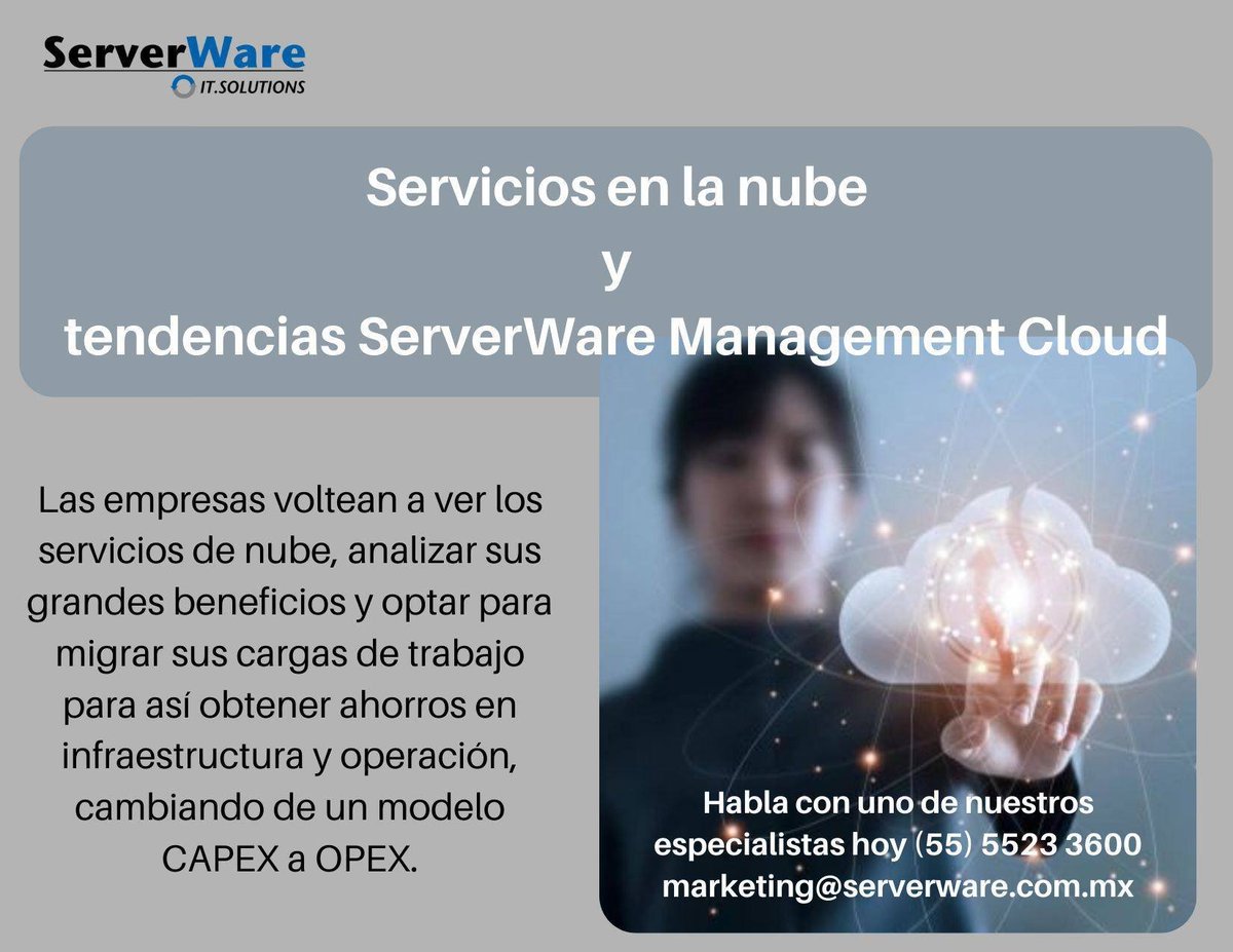 Nube con tecnología que se transforma tan rápido como tu empresa lo necesite y pagando solo por lo que usas.

Ahorra dinero con la nube ya que está habilitada para el futuro.

#ServerWare #cloudcomputing #clouds #nube