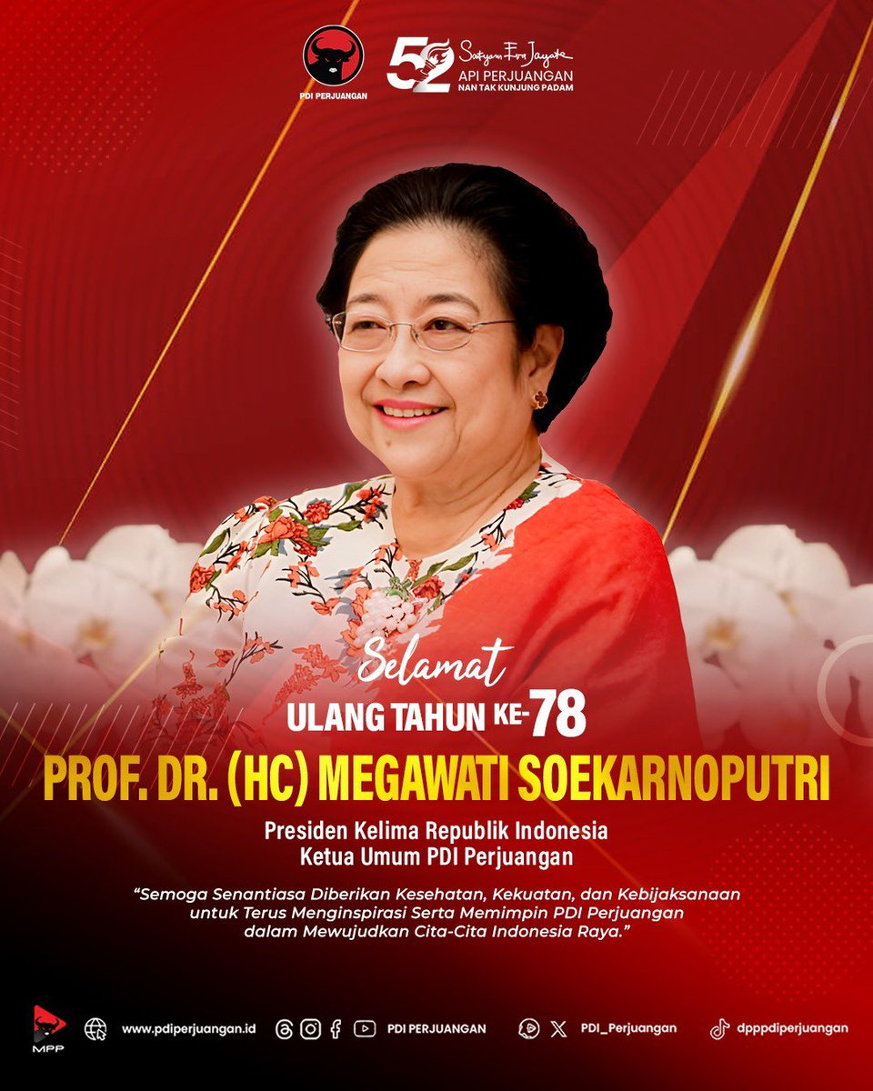 Keluarga besar PDI Perjuangan mengucapkan Selamat Ulang Tahun ke-78 Prof. Dr. (HC) Megawati Soekarnoputri, Presiden Kelima Republik Indonesia, yang juga Ketua Umum PDI Perjuangan.  

"Semoga senantiasa diberikan kesehatan, kekuatan, dan kebijaksanaan untuk terus menginspirasi