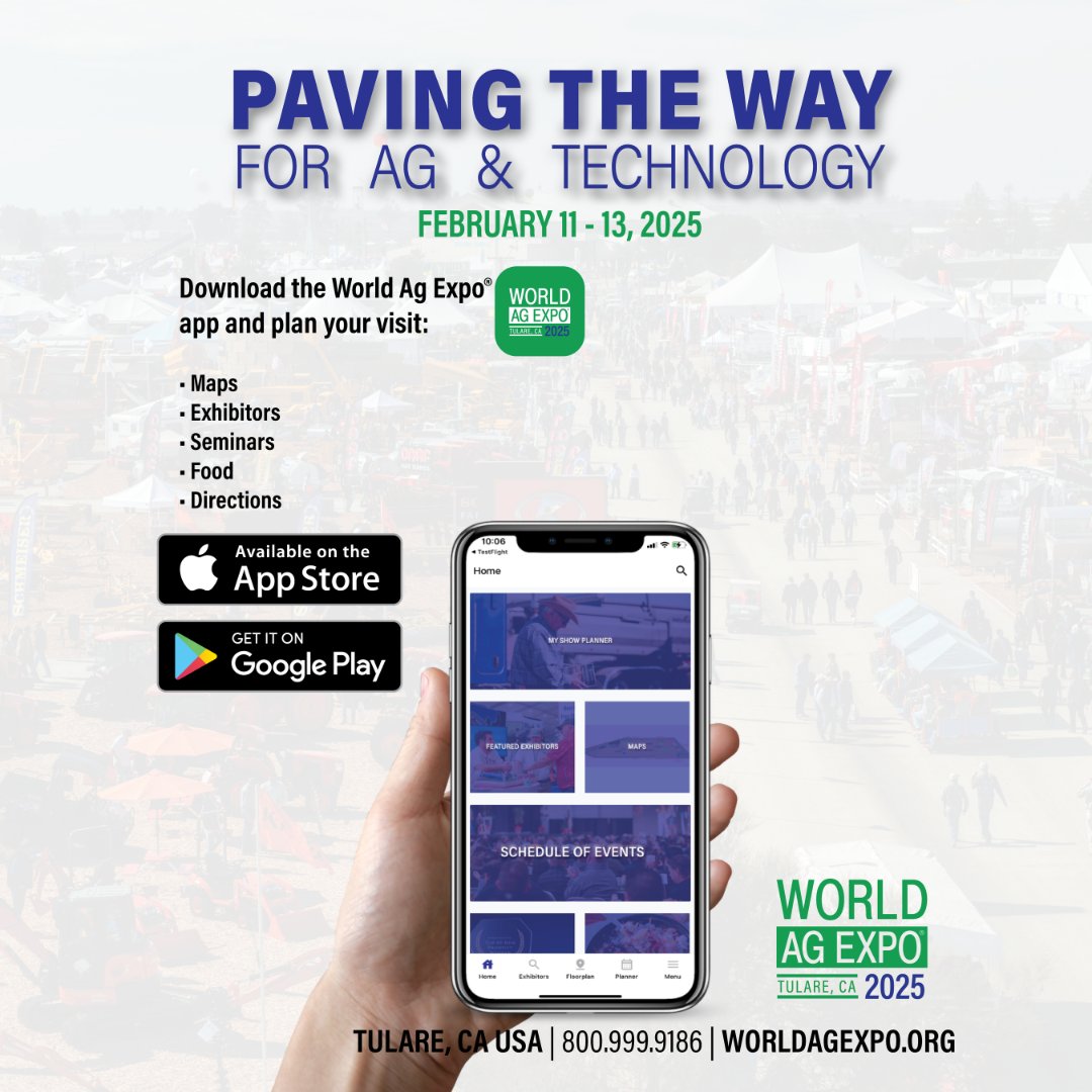 Put information about the show in the palm of your hand with World Ag Expo’s® free mobile app. The app provides exhibitor information, news, updates, maps, and much more. Download the app now: bit.ly/WAE25App.